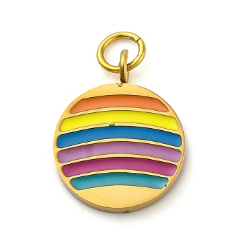 304 Stainless Steel Rainbow Color Enamel Charms, with Jump Ring, Flat Round Charms, Ion Plating(IP), Real 18K Gold Plated, Colorful, 13.5x10.5x1.5mm, Hole: 2.5mm