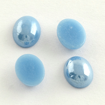 Pearlized Plated Opaque Glass Cabochons, Oval, Light Sky Blue, 13x10x5mm