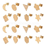 18Pcs 9 Style 304 Stainless Steel Stud Earring Findings, with Hole and Ear Nuts, Hexagon & Rhombus & Teardrop & Flower, Golden, 10~12x8~12mm, Hole: 1~1.2mm, Pin: 0.6mm, 2Pcs/style (STAS-SZ0002-88)