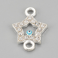 Alloy Rhinestone Links connectors, Cadmium Free & Lead Free, Star with Evil Eye, Sky Blue, Silver Color Plated, 19x13.5x2mm, Hole: 2mm(ALRI-S170-19S)