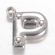 201 Stainless Steel Charms, Letter P, Stainless Steel Color, 15x13x3.2mm, Hole: 1.2mm(X-STAS-G081-38P)