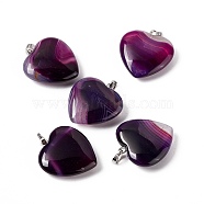 Natural Agate Pendants, with Platinum Tone Brass Findings, Heart Charm, Dyed & Heated, Purple, 27~28x25x7mm, Hole: 7x4mm(G-G956-B65-FF)