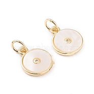 Brass Micro Pave Cubic Zirconia Charms, with White Shell, Long-Lasting Plated, Flat Round, Real 18K Gold Plated, 12.5x10x2mm, Hole: 3mm(X-KK-F814-08G)