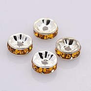 Brass Rhinestone Spacer Beads, Grade AAA, Straight Flange, Nickel Free, Silver Color Plated, Rondelle, Topaz, 6x3mm, Hole: 1mm(RB-A014-Z6mm-17S-NF)