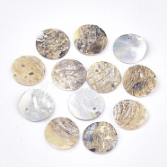 Natural Akoya Shell Pendants, Mother of Pearl Shell Pendants, Flat Round, BurlyWood, 15x1~3mm, Hole: 1.5mm(SHEL-S274-75C-11)