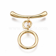 Brass Toggle Clasps, Nickel Free, Ring, Real 18K Gold Plated, 21mm long, Bar: 18.5x7x2.5mm, hole: 1.5mm, Jump Ring: 5x1mm, Inner Diameter: 3mm, ring: 13x10x1mm, Hole: 1.5mm(KK-T063-99G-NF)