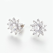 Cubic Zirconia Stud Earrings, with Brass Findings, Flower, Clear, Platinum, 14x4.5mm, Pin: 0.7mm(X-EJEW-P167-06P)