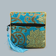 Chinese Style Square Cloth Zipper Pouches, with Random Color Tassels and Auspicious Clouds Pattern, Deep Sky Blue, 12~13x12~13cm(CON-PW0001-090G)