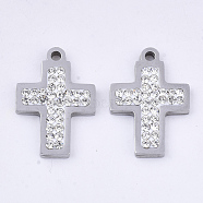 201 Stainless Steel Pendants, with Polymer Clay Crystal Rhinestone, for Religion, Cross, Stainless Steel Color, 19x13x2~3mm, Hole: 1.6mm(STAS-N091-11P)