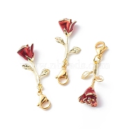 Alloy Enamel Rose Pendant Decorations, Valentine's Day Lobster Clasp Charms, Clip-on Charms, for Keychain, Purse, Backpack Ornament, Stitch Marker, Red, 39mm(HJEW-JM00760-01)