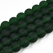 Transparent Glass Beads Strands, Frosted, Round, Dark Green, 9.5~10mm, Hole: 1.5mm, about 41~42pcs/strand, 14.88~15.12 inch(37.8~38.4cm)(GLAA-T032-T10mm-MD22)