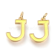 Brass Enamel Pendants, with Jump Ring, Long-Lasting Plated, Real 18K Gold Plated, Letter.J, Champagne Yellow, Letter.J, J: 17x12.5x1.8mm, Jump Rings: Inner Diameter: 3mm(KK-R139-02J)
