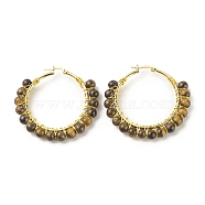 Natural Tiger Eye Beaded Hoop Earrings for Women, Real 18K Gold Plated Wire Wrap Big Circle Hoop Earrings, 47~49x51~52x6~6.6mm, Pin: 1.4x0.4mm(EJEW-C003-03B-RS)