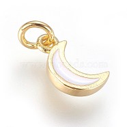 Enamel Brass Charms, with Jump Ring, Moon, White, Golden, 10x6x2mm, Hole: 3mm(KK-G364-16G-01)