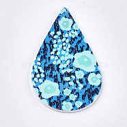 Printed Wooden Big Pendants, Dyed, Teardrop with Flower Pattern, Colorful, 59x36x2.5mm, Hole: 1.5mm(WOOD-S051-06A)