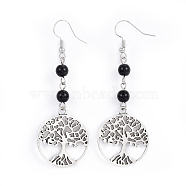 Tibetan Style Alloy Dangle Earrings, with Natural Black Agate Beads and Iron Earring Hooks, Flat Round with Tree of Life, 71.5mm, Pin: 0.6mm(EJEW-JE03299-04)