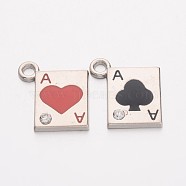 Alloy Enamel Pendants, Cadmium Free & Lead Free, with Rhinestones, Poker Ace, Platinum, Mixed Color, about 21mm long, 19mm wide, 2.5mm thick, hole: 3mm(X-EAP031Y)
