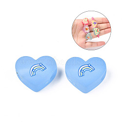 Transparent Printed Acrylic Beads, for Hair Rope DIY, Large Hole Beads, Rubberized Style, Heart with Rainbow Pattern, Cornflower Blue, 14x18x8mm, Hole: 4mm(MACR-S373-124-H02)