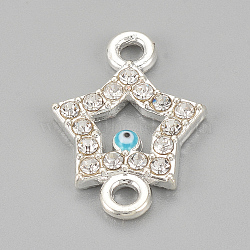 Alloy Rhinestone Links connectors, Cadmium Free & Lead Free, Star with Evil Eye, Sky Blue, Silver Color Plated, 19x13.5x2mm, Hole: 2mm(ALRI-S170-19S)