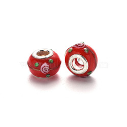 Handmade Lampwork European Beads, Large Hole Rondelle Beads, Bumpy Lampwork, with Glitter Powder and Platinum Tone Brass Double Cores, Red, 14~15x9~10mm, Hole: 5mm(X-LPDL-N001-037-E02)