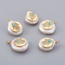 Natural Cultured Freshwater Pearl Pendants, with Cubic Zirconia and Enamel, Brass Findings, Long-Lasting Plated, Flat Round with Hamsa Hand, Real 18K Gold Plated, 14~21x9~16x5~9mm, Hole: 1.5mm(X-PEAR-F008-05G)
