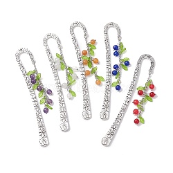 Mixed Natural Gemstone Bead Pendant Bookmarks with Acrylic Leaf, Flower Pattern Alloy Bookmark, 124mm(AJEW-JK00272)