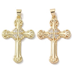 Brass Micro Pave Cubic Zirconia Pendants, Cross, Real 18K Gold Plated, 34x22x3mm, Hole: 5x3.5mm(KK-A212-08A-G)