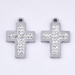 201 Stainless Steel Pendants, with Polymer Clay Crystal Rhinestone, for Religion, Cross, Stainless Steel Color, 19x13x2~3mm, Hole: 1.6mm(STAS-N091-11P)