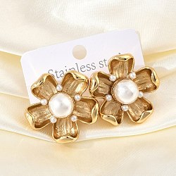 304 Stainless Steel Stud Earrings, with Imitation Pearl, Flower, Real 18K Gold Plated, 29x29.5mm(EJEW-M073-15G)