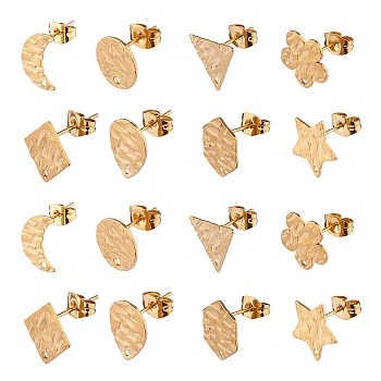 18Pcs 9 Style 304 Stainless Steel Stud Earring Findings, with Hole and Ear Nuts, Hexagon & Rhombus & Teardrop & Flower, Golden, 10~12x8~12mm, Hole: 1~1.2mm, Pin: 0.6mm, 2Pcs/style 