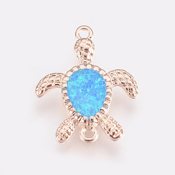 Synthetic Opal Links connectors, with Brass Findings, Turtle, Rose Gold, Cyan, 17x13x2mm, Hole: 1mm