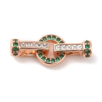Rack Plating Brass Pave Cubic Zirconia Fold Over Clasps, Lead Free & Cadmium Free, Flat Round, Rose Gold, Green, 9.3x25mm