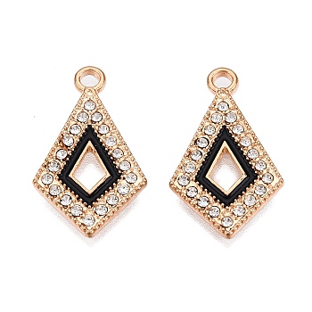 Alloy Enamel Pendants, with Crystal Rhinestone, Cadmium Free & Lead Free, Light Gold, Kite Shape Charms, Black, 25x15x2.5mm, Hole: 2mm