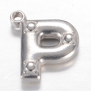 201 Stainless Steel Charms, Letter P, Stainless Steel Color, 15x13x3.2mm, Hole: 1.2mm