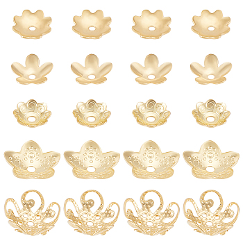 300pcs 6 styles 304 Stainless Steel & Brass Bead Caps, Flower, Real 18K Gold Plated, 4~10x3.5~10.5x1~4mm, Hole: 0.8~1.4mm, 50pcs/style