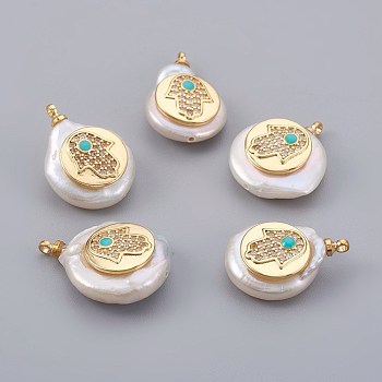 Natural Cultured Freshwater Pearl Pendants, with Cubic Zirconia and Enamel, Brass Findings, Long-Lasting Plated, Flat Round with Hamsa Hand, Real 18K Gold Plated, 14~21x9~16x5~9mm, Hole: 1.5mm
