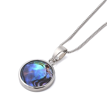 Rack Plating Natural Paua Shell Pendants Necklace, Brass Box Chain Necklaces, Flat Round, 17.72 inch(45cm), Pendant: 20.5~22x18mm