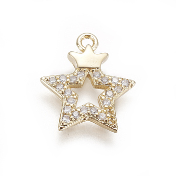 Brass Micro Pave Cubic Zirconia Pendants, Star, Clear, Golden, 16x14x2mm, Hole: 1.4mm