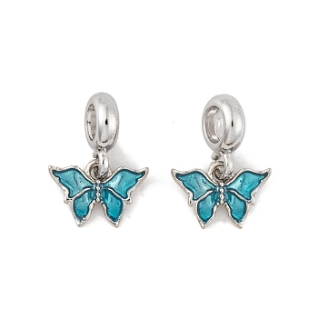 Rack Plating Alloy Enamel European Dangle Charms, Butterfly Large Hole Pendants, Dark Turquoise, Platinum, 20mm, Butterfly: 10x14.5x2mm, Hole: 4.5mm