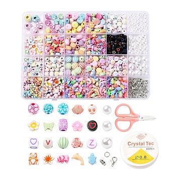 DIY Bracelet Jewelry Finding Kit, Bear & Animal & Geometry Acrylic Beads and 98Pcs Round Imitation Pearl Beads, Elastic Stretch Thread, Iron Findings, Zinc Alloy Clasps and Stainless Steel Scissors, Mixed Color, Beads: 800~805pcs/box