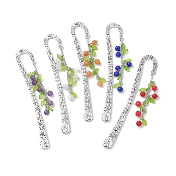 Mixed Natural Gemstone Bead Pendant Bookmarks with Acrylic Leaf, Flower Pattern Alloy Bookmark, 124mm