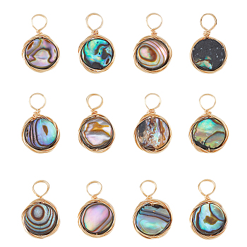 12Pcs Natural Abalone Shell/Paua Shell Pendants, with Copper Wire Wrapped, Flat Round Charms, Real 18K Gold Plated, 17x10.5x2.5mm, Hole: 3mm