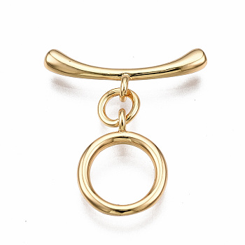 Brass Toggle Clasps, Nickel Free, Ring, Real 18K Gold Plated, 21mm long, Bar: 18.5x7x2.5mm, hole: 1.5mm, Jump Ring: 5x1mm, Inner Diameter: 3mm, ring: 13x10x1mm, Hole: 1.5mm