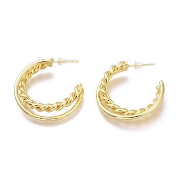 Brass Half Hoop Earrings, Split Earrings, with Steel Pin and Plastic Ear Nuts, Long-Lasting Plated, Twist, Real 18K Gold Plated, 31.5x30.5x7.2mm, Pin: 0.7mm