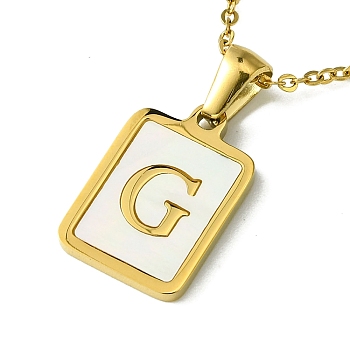 Ion Plating(IP) Rectangle with Initial Letter 304 Stainless Steel Pendant Necklace, white Shell, Real 18K Gold Plated, Letter G, 16.06 inch(40.8cm)