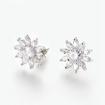 Cubic Zirconia Stud Earrings, with Brass Findings, Flower, Clear, Platinum, 14x4.5mm, Pin: 0.7mm