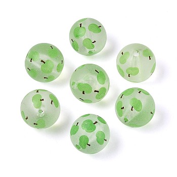 Transparent Frosted Acrylic Beads, Round with Fruit, Light Green, Apple, 15~15.5mm, Hole: 2.5mm