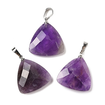 Natural Amethyst Pendants, with Brass Findings, Faceted, Triangle Charms, 23.5x21x6mm, Hole: 7x4mm