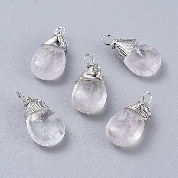 Natural Quartz Crystal Pendants, Rock Crystal Pendants, with Platinum Plated Brass Wire, Teardrop, 24~30x13~16x8mm, Hole: 3x3.5mm