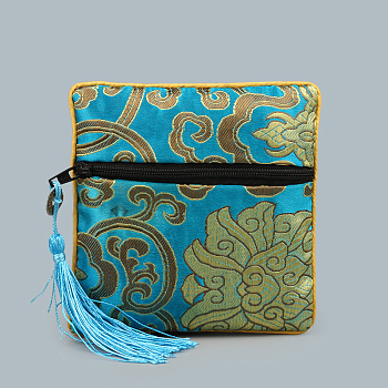 Chinese Style Square Cloth Zipper Pouches, with Random Color Tassels and Auspicious Clouds Pattern, Deep Sky Blue, 12~13x12~13cm
